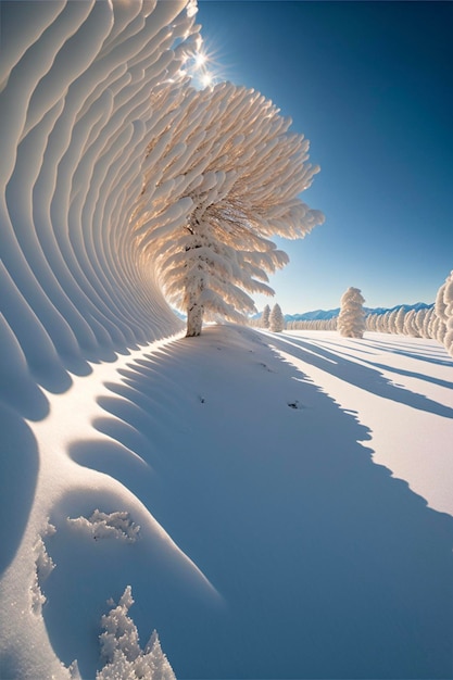 Árbol cubierto de nieve sentado en la parte superior de una pendiente cubierta de nieve ai generativo