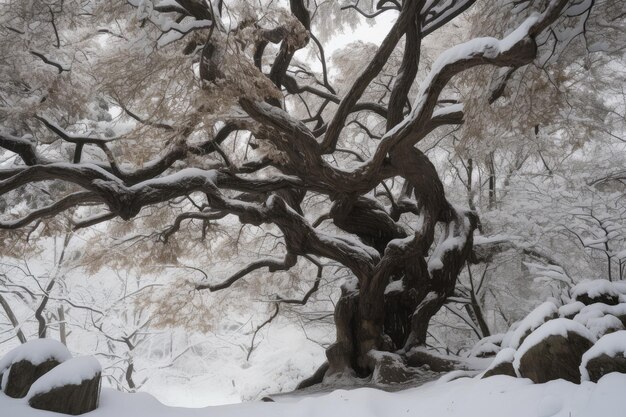 Árbol cubierto de nieve con sus ramas y hojas visibles creado con ai generativo