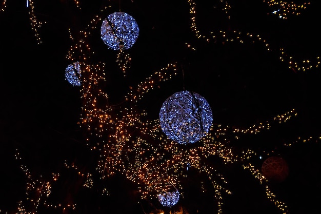 Árbol decorado con luces de Navidad multicolores en el parque de la ciudad por la noche