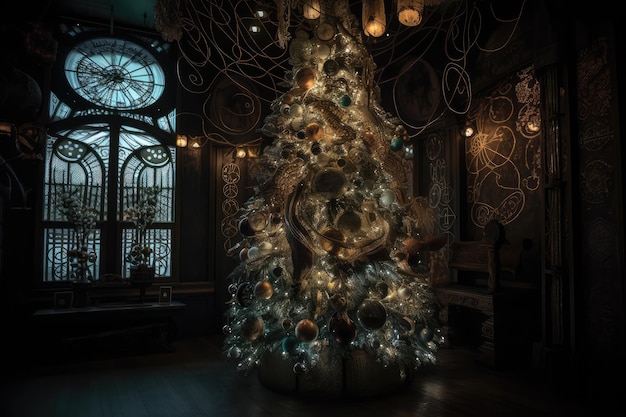 Árbol decorado rodeado de una intrincada línea de luces y adornos.