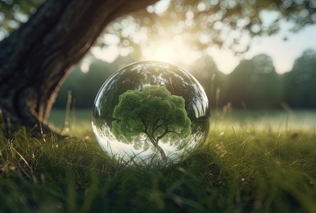 Árbol dentro de una esfera de cristal que representa el concepto del medio ambiente IA generativa