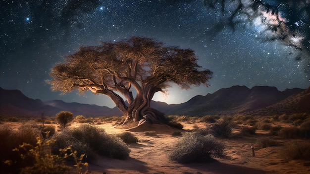 Árbol en el desierto con la luz de la luna al fondo