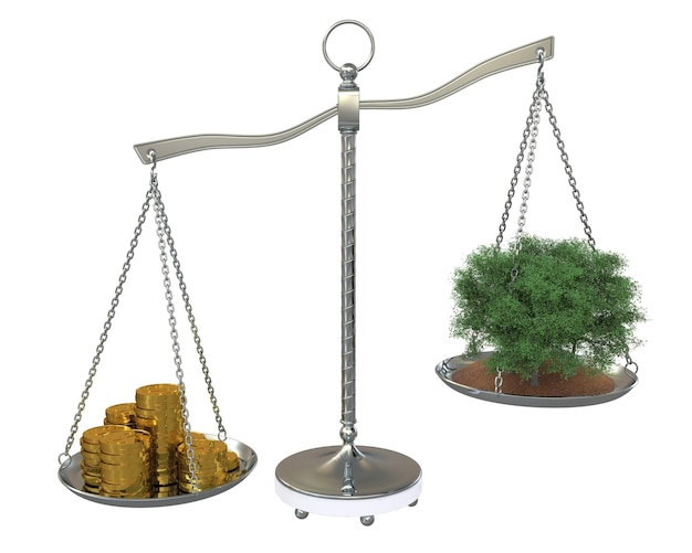 Árbol y dinero para equilibrar la balanza aislado sobre fondo blanco.