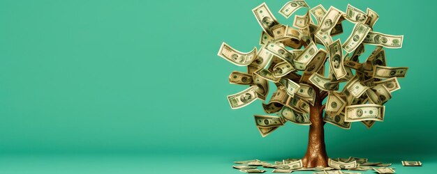 Árbol de dinero sobre fondo verde claro Hojas como billetes de dólar Concepto de inversión IA generativa