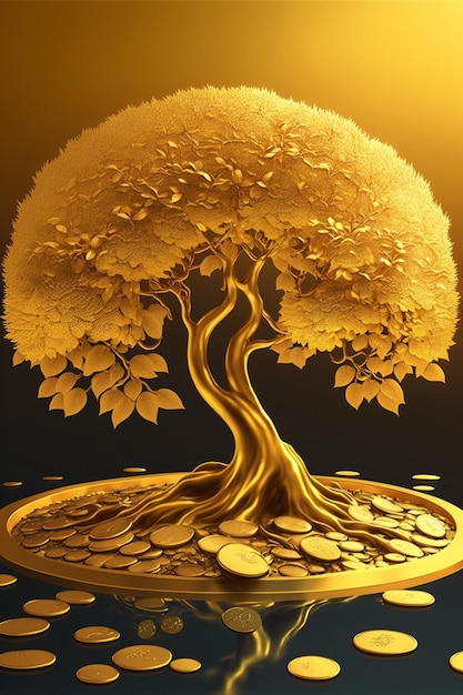 Árbol dorado sentado encima de un montón de monedas ai generativo