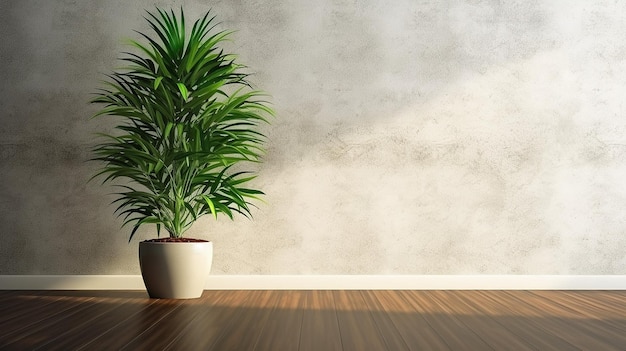 Árbol de dracaena tropical de pared de cemento pulido verde oscuro en blanco en maceta blanca sobre AI generativo marrón