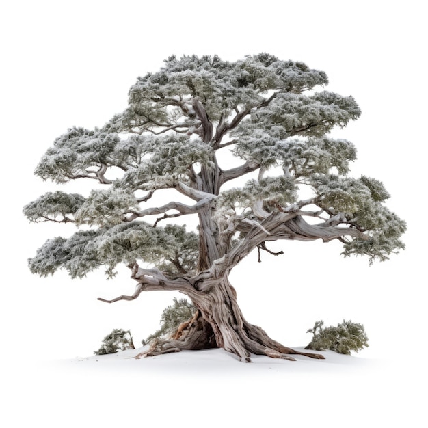 Árbol de enebro cubierto de escarcha y nieve aislado sobre fondo blanco.