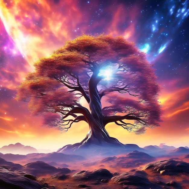 Árbol de fantasía frente a un cielo estrellado con nubes coloridas en el universo IA