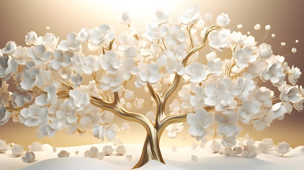 Árbol floral con hojas de flor blanca y tallo dorado IA generativa