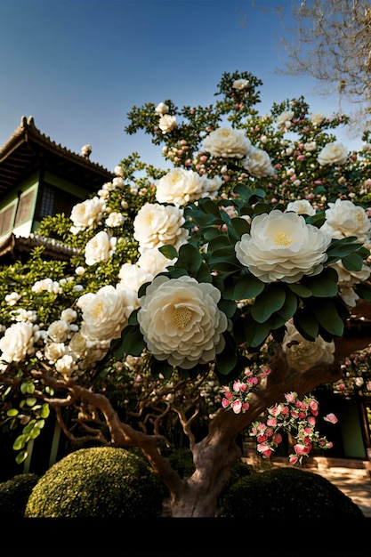 Árbol con flores blancas frente a un edificio generativo ai