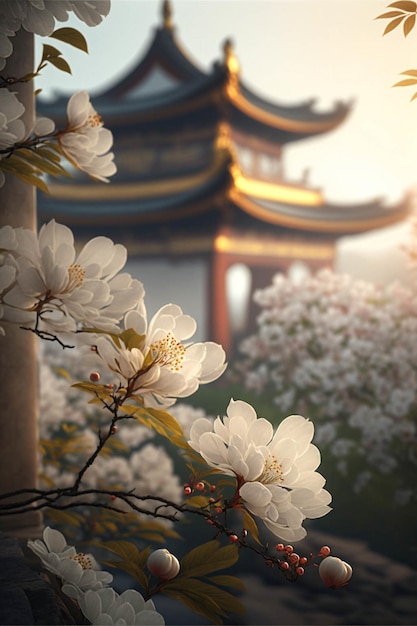 Árbol con flores blancas frente a una pagoda generativa ai