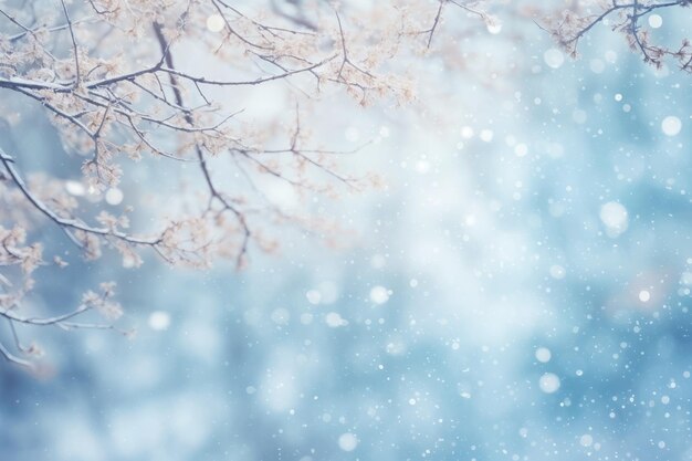 Árbol con flores blancas en la nieve con nieve cayendo IA generativa