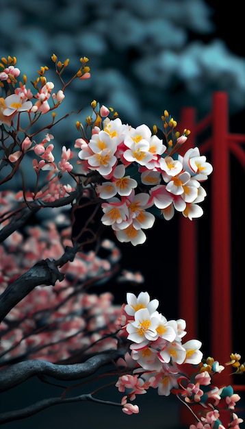 Árbol con flores blancas y rosadas frente a una puerta roja generativa ai