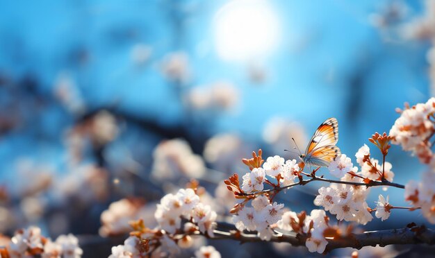 Árbol de flores con hermosas mariposas Ramas de fondo de primavera de cerezas en flor contra