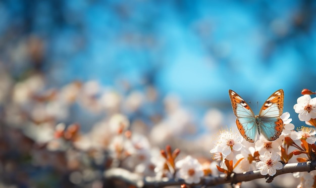 Árbol de flores con hermosas mariposas Ramas de fondo de primavera de cerezas en flor contra