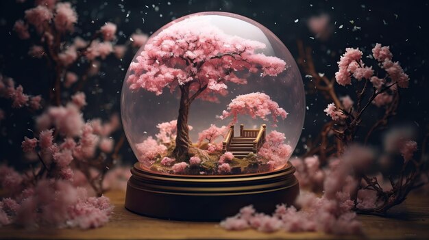 Árbol de flores de primavera de cereza sakura dentro de un globo de nieve de vidrio en miniatura encantadora