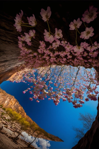 Árbol con flores rosas frente a un cielo azul ai generativo