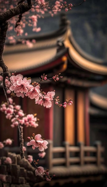 Árbol con flores rosas frente a un edificio generativo ai