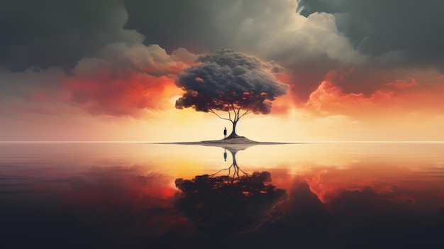 Árbol flotante en una puesta de sol surrealista Arte emotivo con colores caprichosos