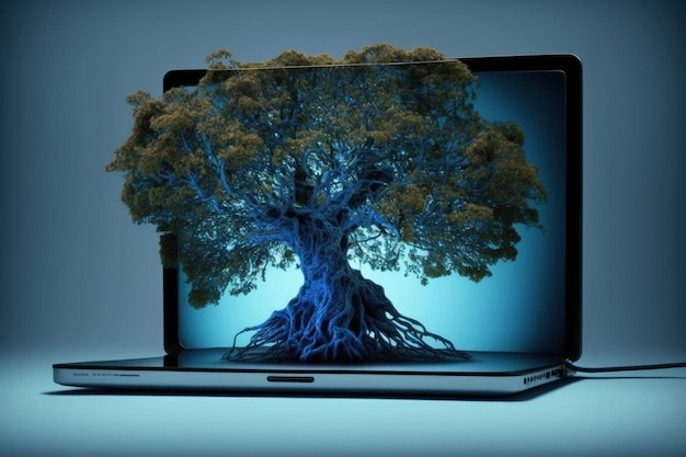 Árbol en el fondo de la pantalla del portátil IA generativa