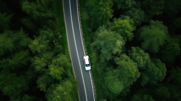 Árbol forestal de vista superior aérea con concepto de entorno de ecosistema de automóvil Carretera de campo que pasa por el bosque verde y la montaña