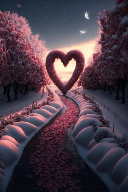 Árbol en forma de corazón en medio de un camino nevado ai generativo