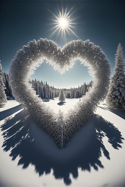 Árbol en forma de corazón en medio de un campo cubierto de nieve ai generativo