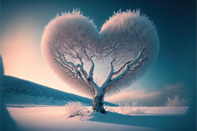 Árbol en forma de corazón en el paisaje de la escena blanca como la nieve del invierno Nieve y árbol del corazón del amor invierno en la luz del sol azul IA generativa