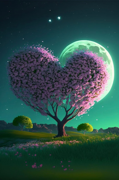 Árbol en forma de corazón que se sienta encima de un ai generativo del campo verde exuberante