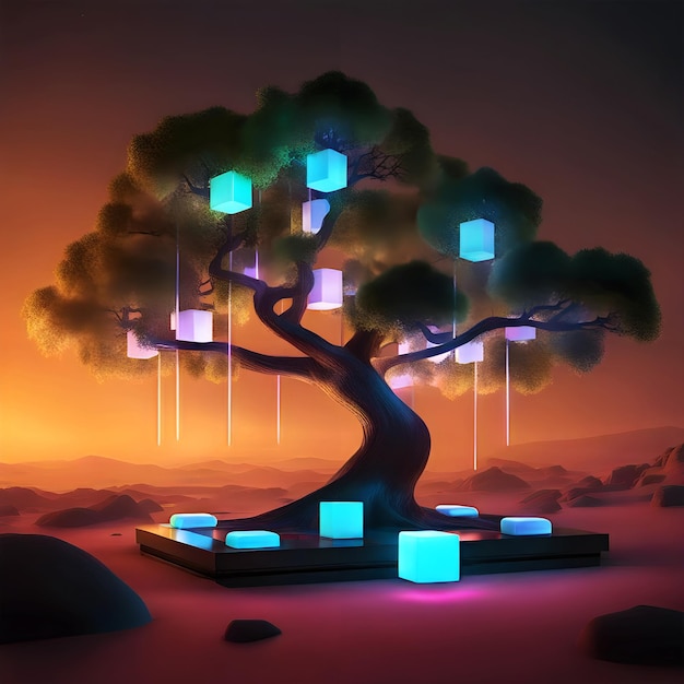 Árbol futurista con cubos brillantes