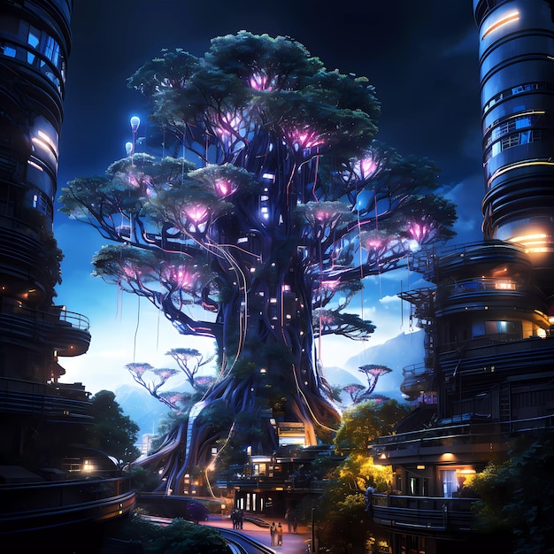 Árbol futurista retro cyberpunk con luces de neón