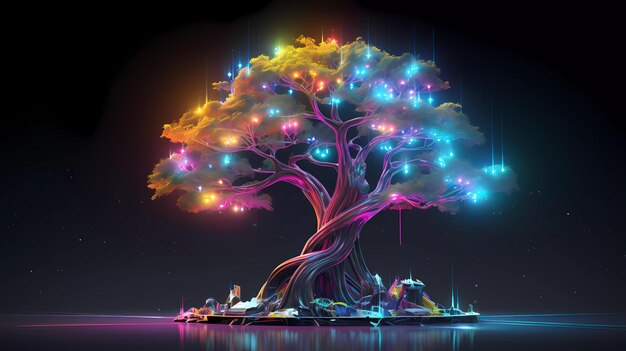 Árbol futurista retro cyberpunk con luces de neón