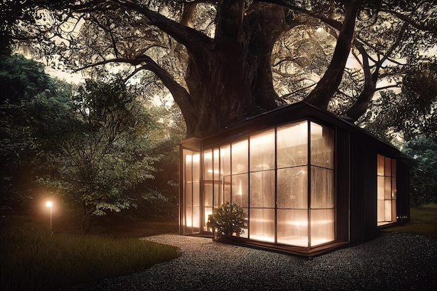 Árbol gigantesco con casa dentro de la ilustración de trama de renderizado 3D
