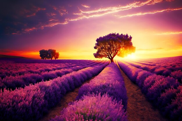 Árbol grande en rayos de sol poniente en campo de lavanda floreciente