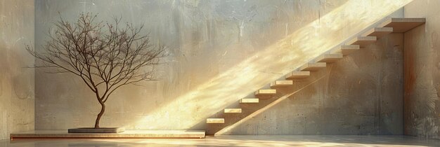 Árbol en una habitación con escalera