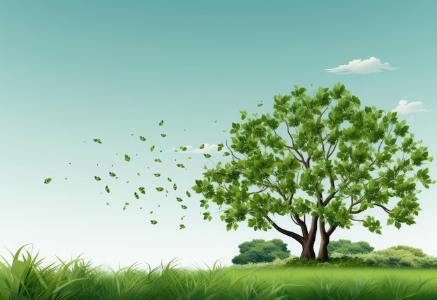 Árbol con hierba verde y fondo de cielo azul Ilustración vectorial