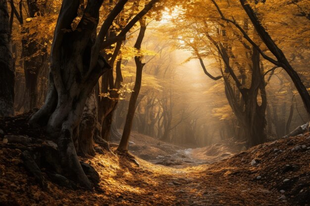 Árbol de hoja caduca de otoño Camino de paisaje de otoño Generar Ai