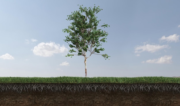 Árbol de hoja caduca y suelo cortado debajo de él. Elemento de jardín aislado, ilustración 3D, cg render