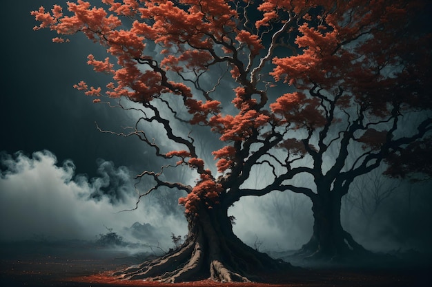 Árbol con hojas de naranja con niebla