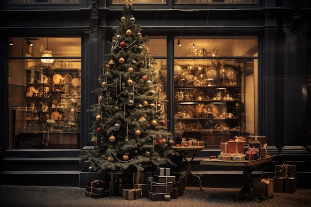 Árbol de invierno en la calle frente a una tienda