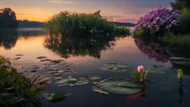 Árbol en un lago al amanecer