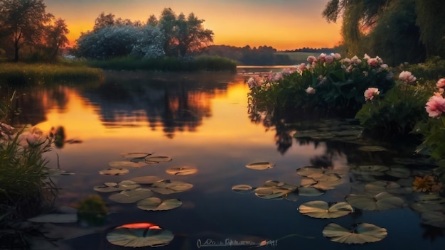 Árbol en un lago al amanecer