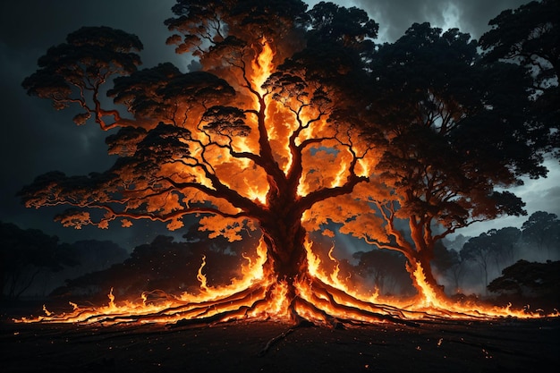 Árbol en llamas por la noche