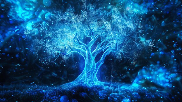 Árbol de la Luz Ramas bioluminescentes Crecimiento azul Naturaleza luminosa Iluminación radiante