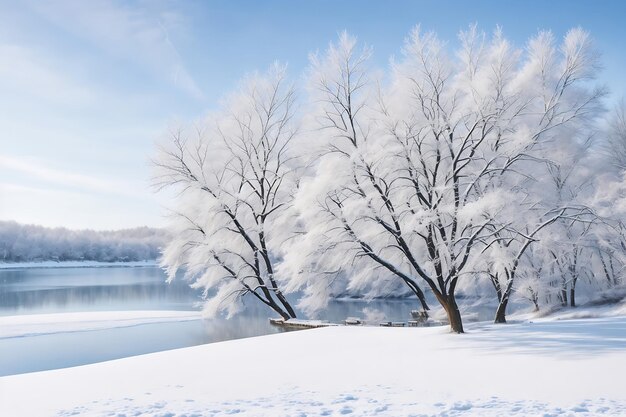 Árbol mágico cubierto de nieve de invierno Paisaje de invierno El lago de invierno está congelado en el frente