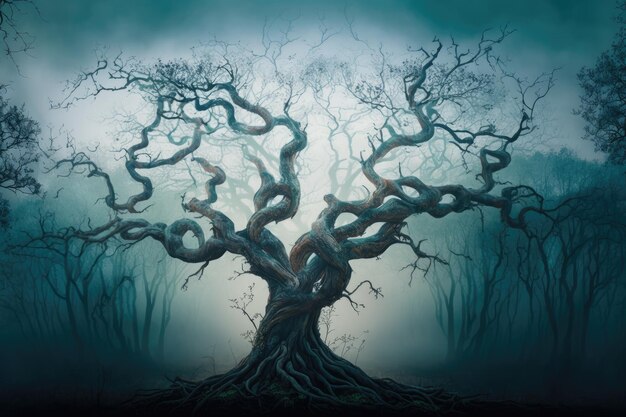 Árbol mágico con ramas que alcanzan el cielo rodeado de bosque brumoso