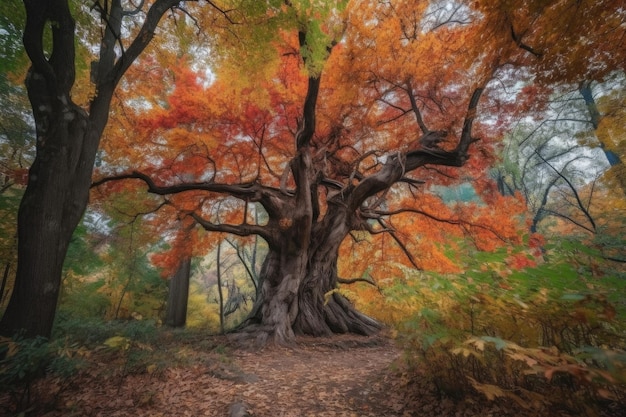 Árbol majestuoso con hojas coloridas en el bosque de otoño creado con ai generativo