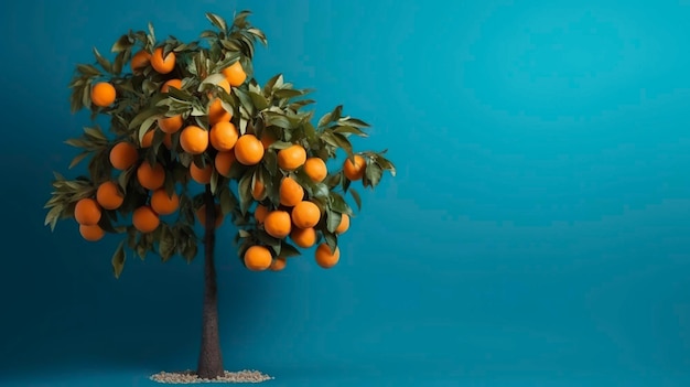 Árbol de mandarinas sobre fondo azul Copiar espacio AI generativa