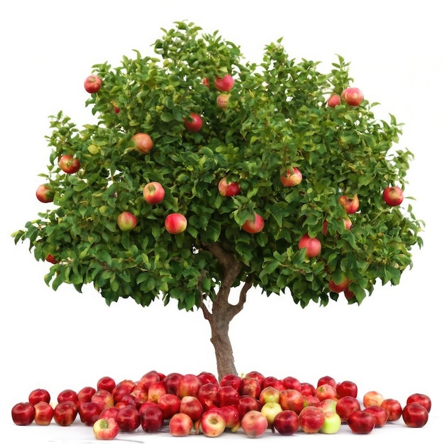 Árbol de manzana verde lleno de manzana roja en un fondo blanco aislado