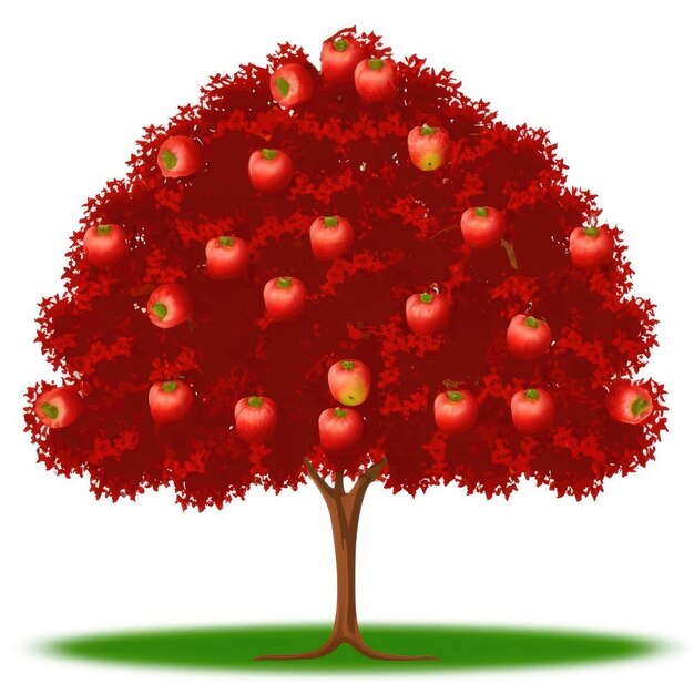 Árbol de manzana verde lleno de manzana roja en un fondo blanco aislado